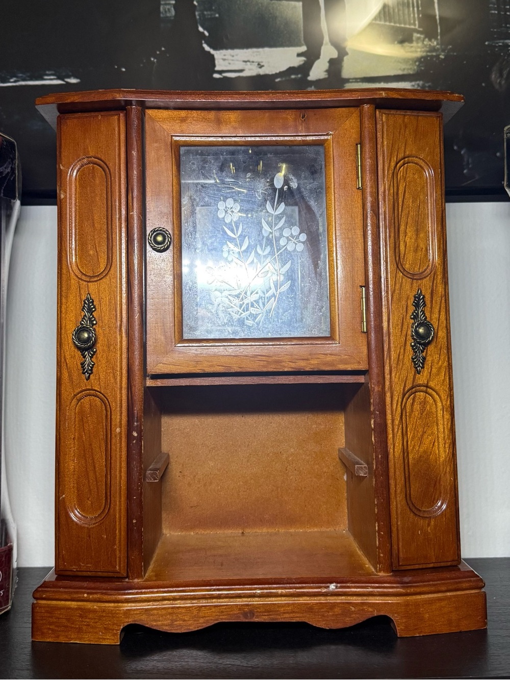 Vintage 1990s Wooden Jewelry Armoire Cabinet With Etched Flower On GlassCabinets